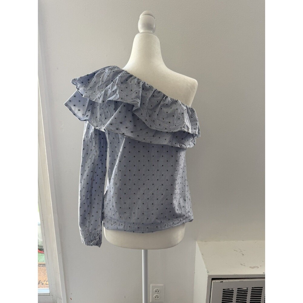 Maje Top Womens Size 1 S Blue Striped One Shoulder Ruffle Blouse Preppy Resort